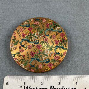 Vtg MCM Powder Makeup Compact w/Mirror Chintz floral Brass 9 cm